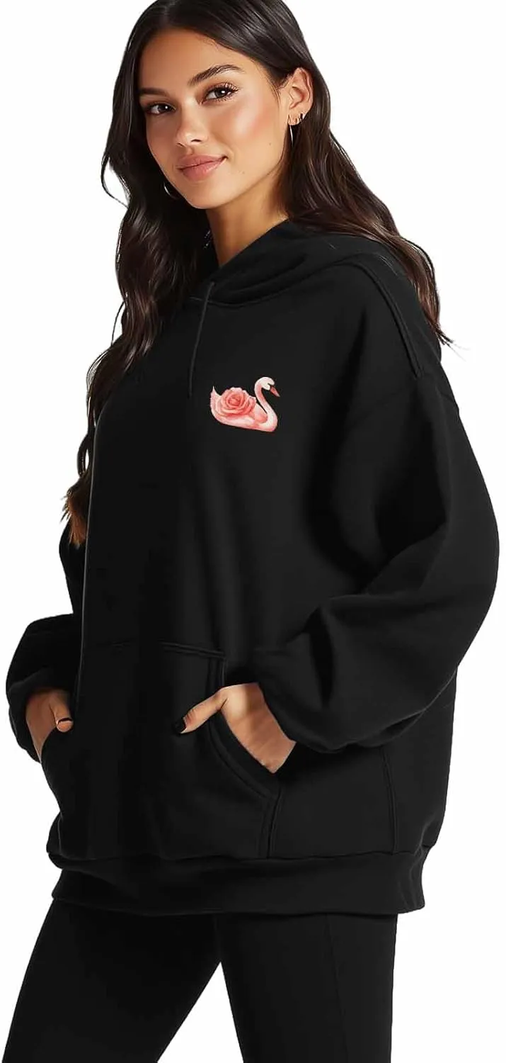 BEMIGO Hooded Sweatshirt Women Swan Cozy Black/White Sweatshirt with Oversized Front Pocket Elegant Printed Trendy Tops
