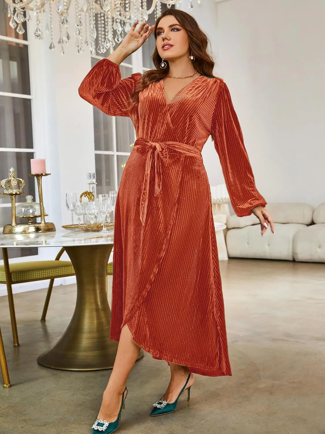 BerryGo Women's Velvet V Neck Wrap Semi Formal Dress Cocktail Party Maxi Dress for Wedding Guest