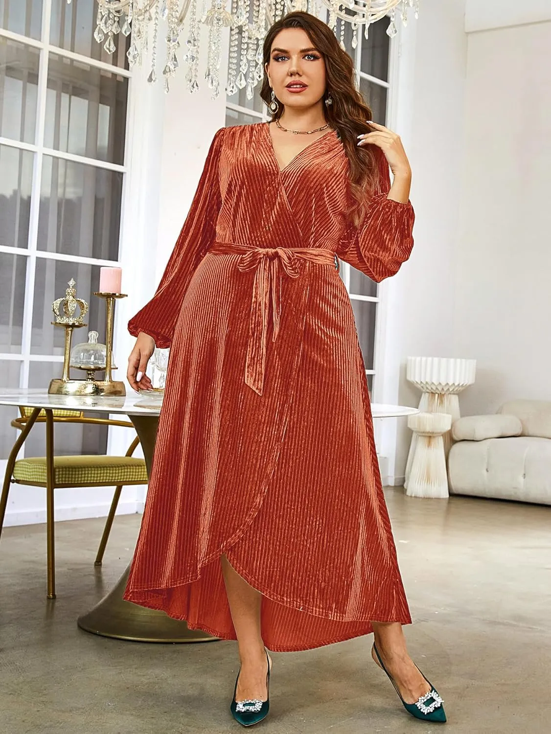BerryGo Women's Velvet V Neck Wrap Semi Formal Dress Cocktail Party Maxi Dress for Wedding Guest