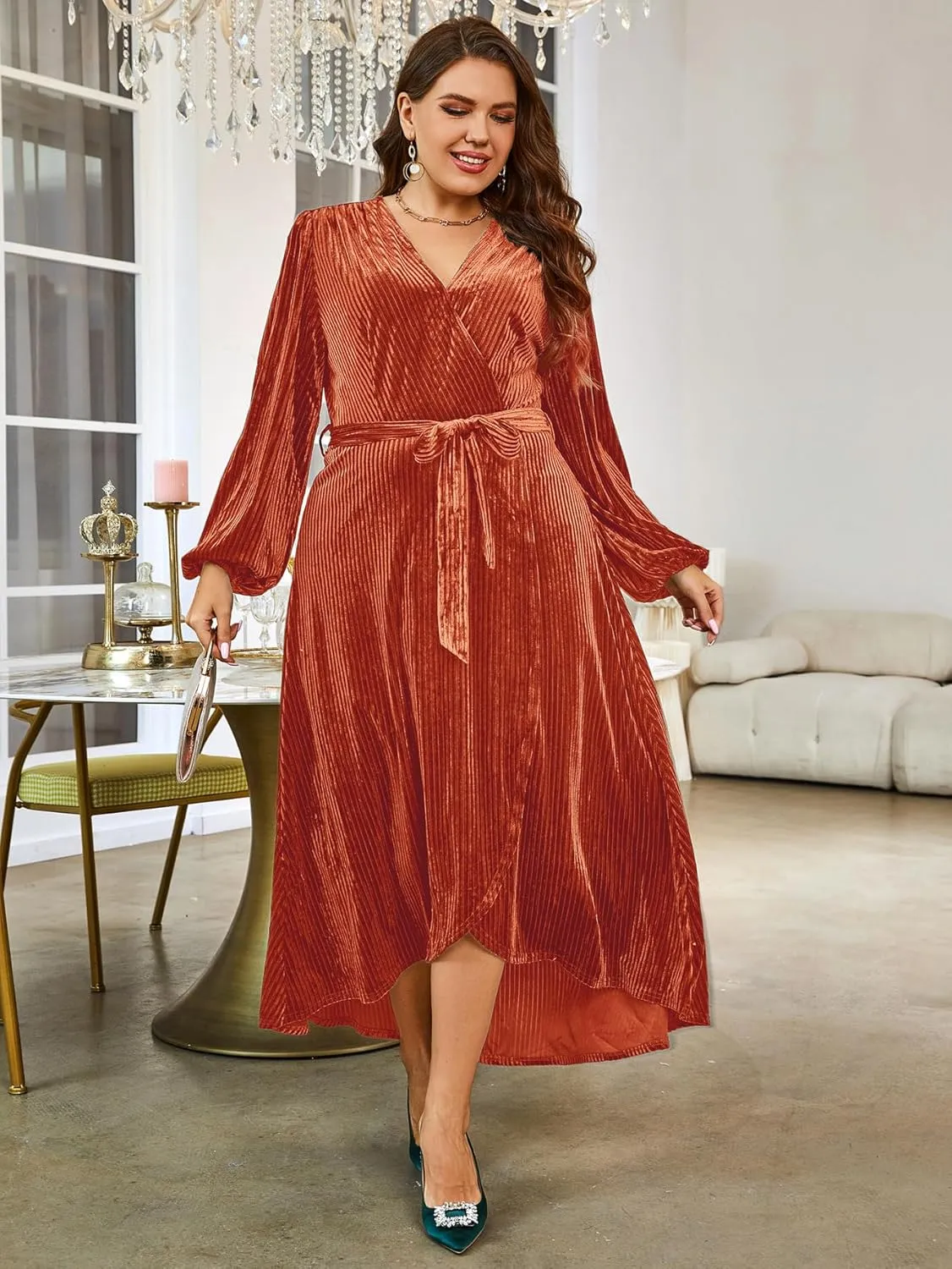 BerryGo Women's Velvet V Neck Wrap Semi Formal Dress Cocktail Party Maxi Dress for Wedding Guest