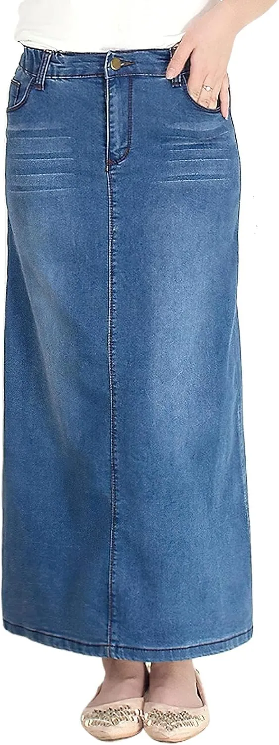 BestGirl Long Denim Skirts for Women High Waist A line Jean Maxi Skirt with Pockets