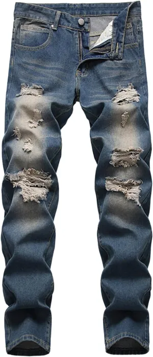 Bidobibo Jeans for Men Straight Fit Destroyed Distressed Taper Zipper Pants with Holesblack Men's Ripped Stretch Skinny Jeans