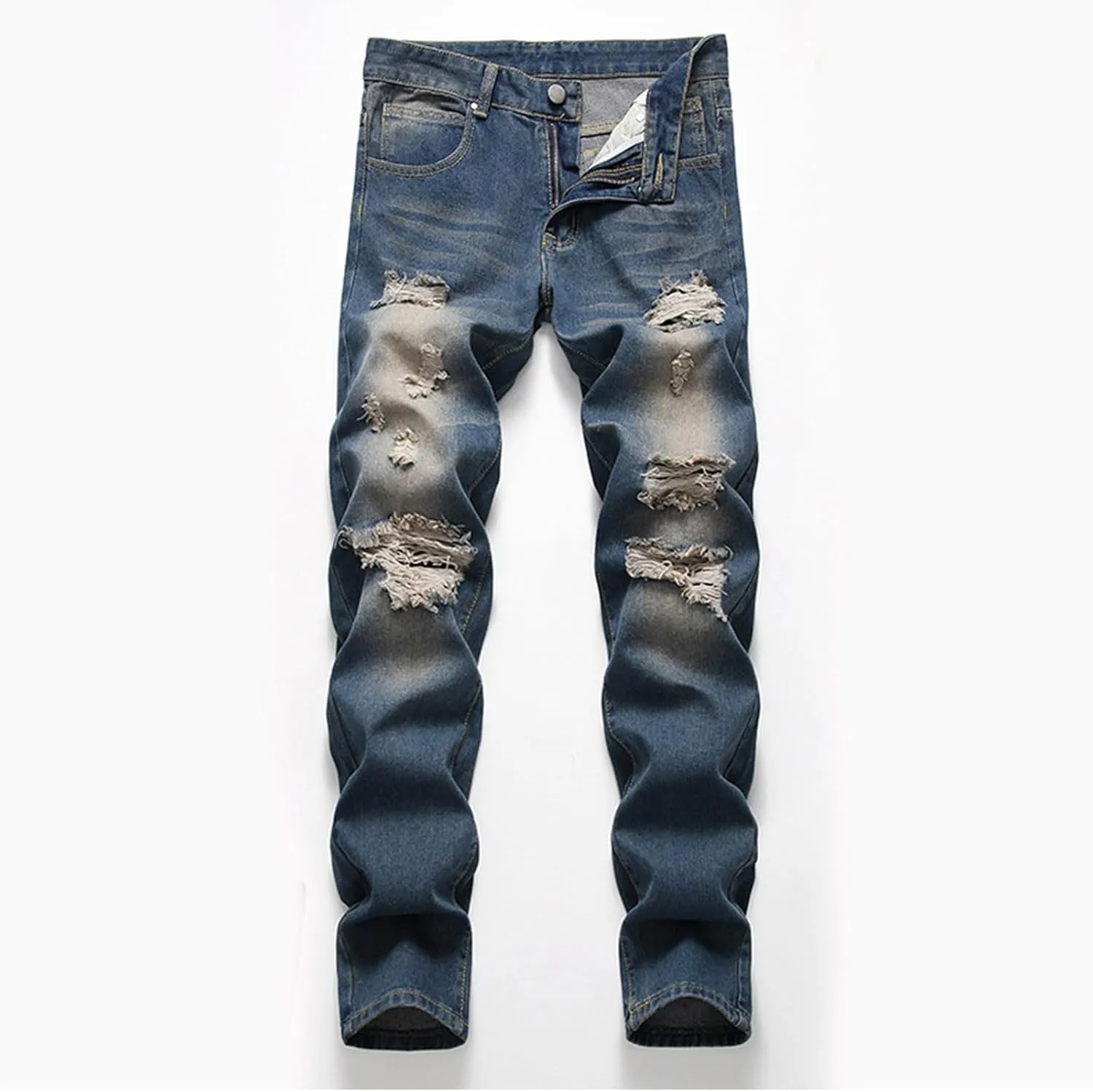 Bidobibo Jeans for Men Straight Fit Destroyed Distressed Taper Zipper Pants with Holesblack Men's Ripped Stretch Skinny Jeans