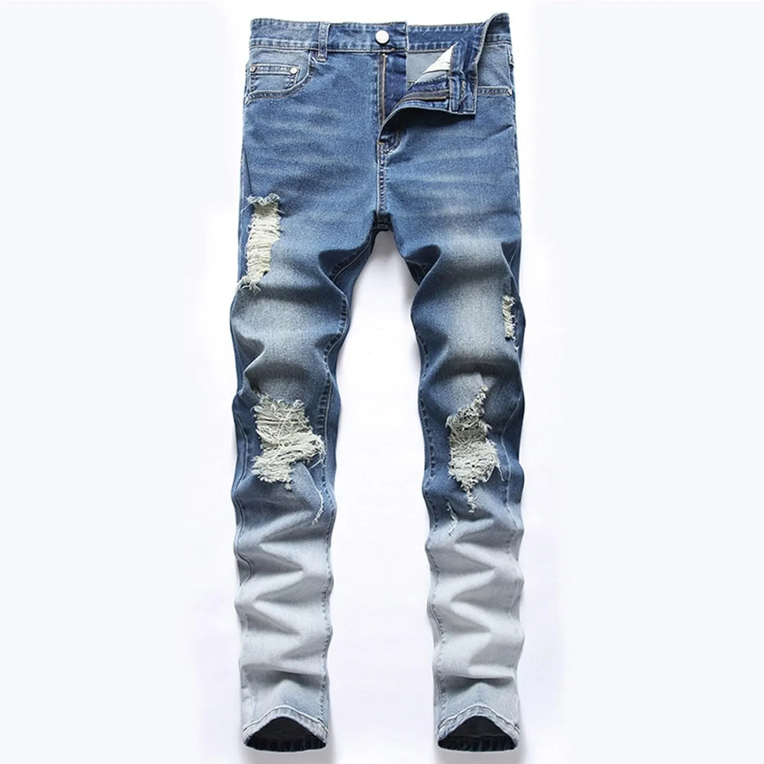 Bidobibo Jeans for Men Straight Fit Destroyed Distressed Taper Zipper Pants with Holesblack Men's Ripped Stretch Skinny Jeans