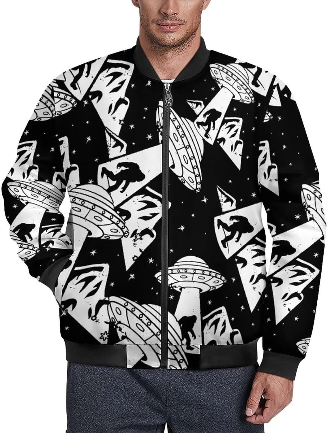 Bigfoot Aliens Men's Bomber Jacket Lightweight Windbreaker Fashion Spring Fall Coats Casual Jackets for Men
