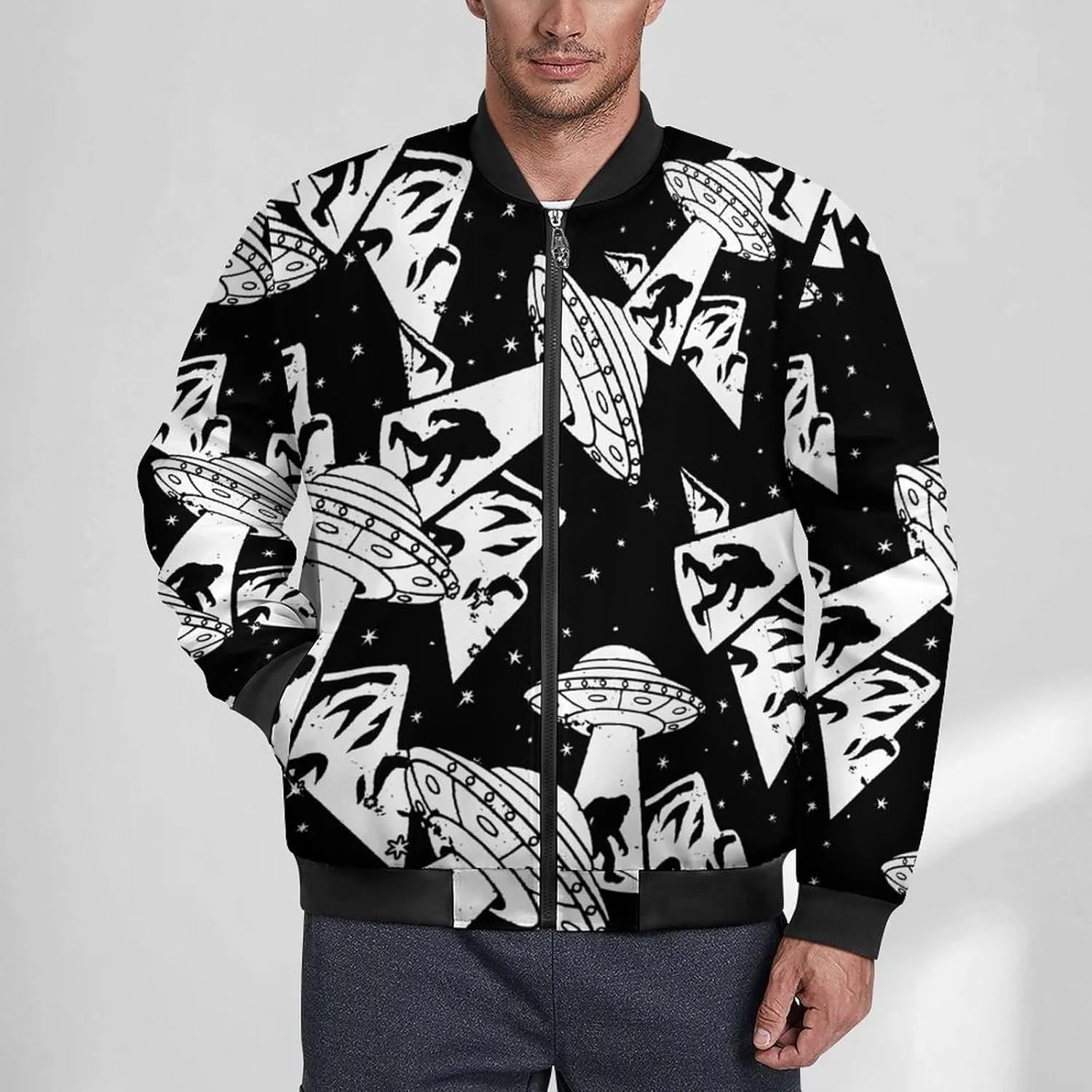 Bigfoot Aliens Men's Bomber Jacket Lightweight Windbreaker Fashion Spring Fall Coats Casual Jackets for Men