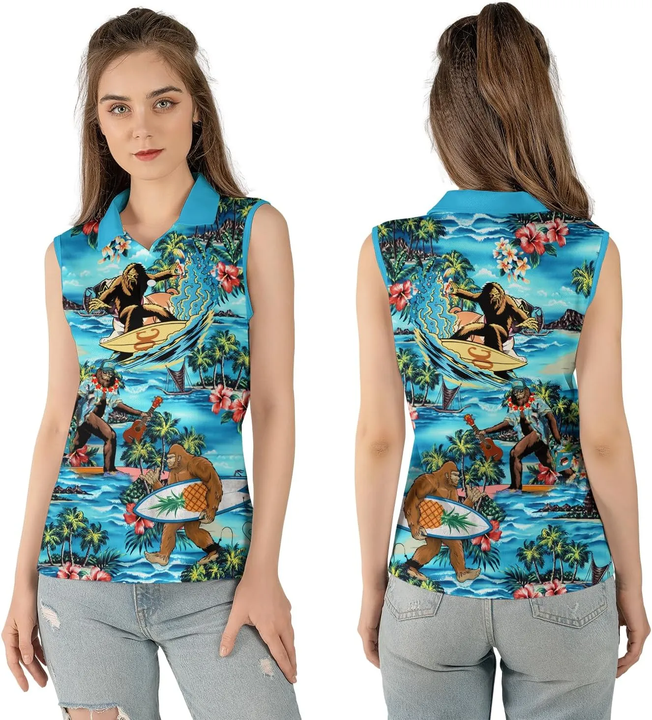 Bigfoot Polo Shirts for Men Women, Tropical Bigfoot Golf Shirts for Men, Funny Golf Polos for Men Women Summer Sports