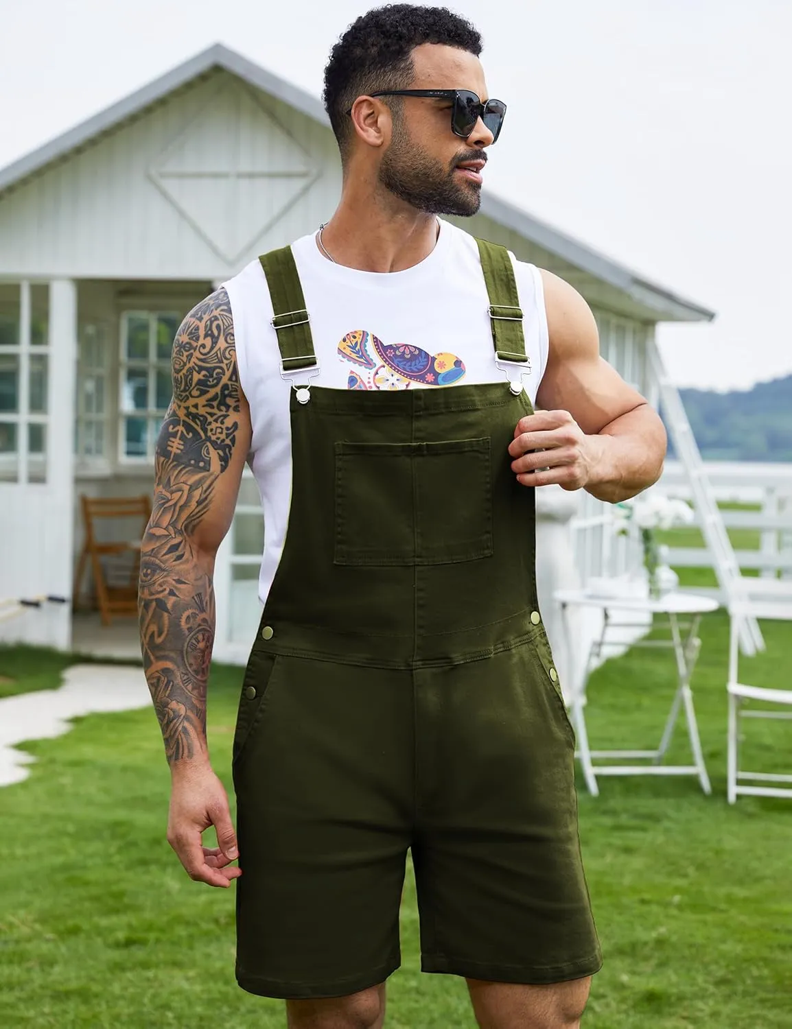 Bindefon Denim Overalls for Men Jean Shorts Jumpsuit Work Bibs Coveralls with Zipper