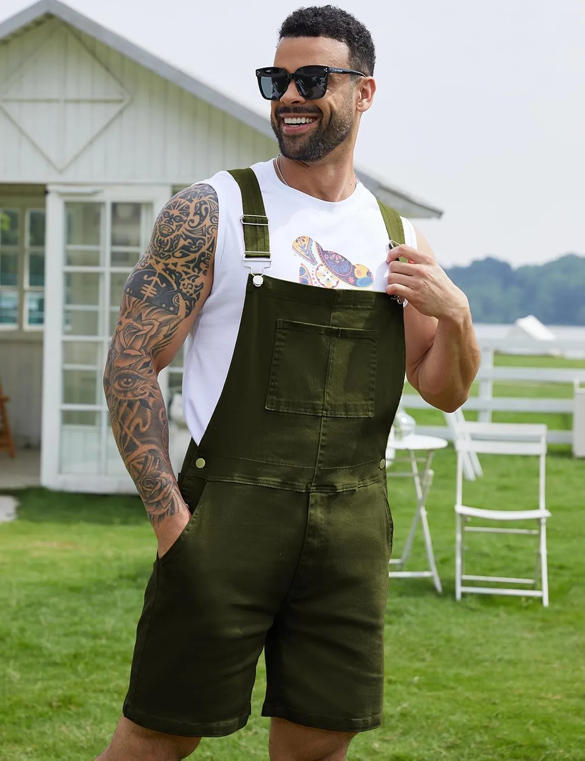 Bindefon Denim Overalls for Men Jean Shorts Jumpsuit Work Bibs Coveralls with Zipper
