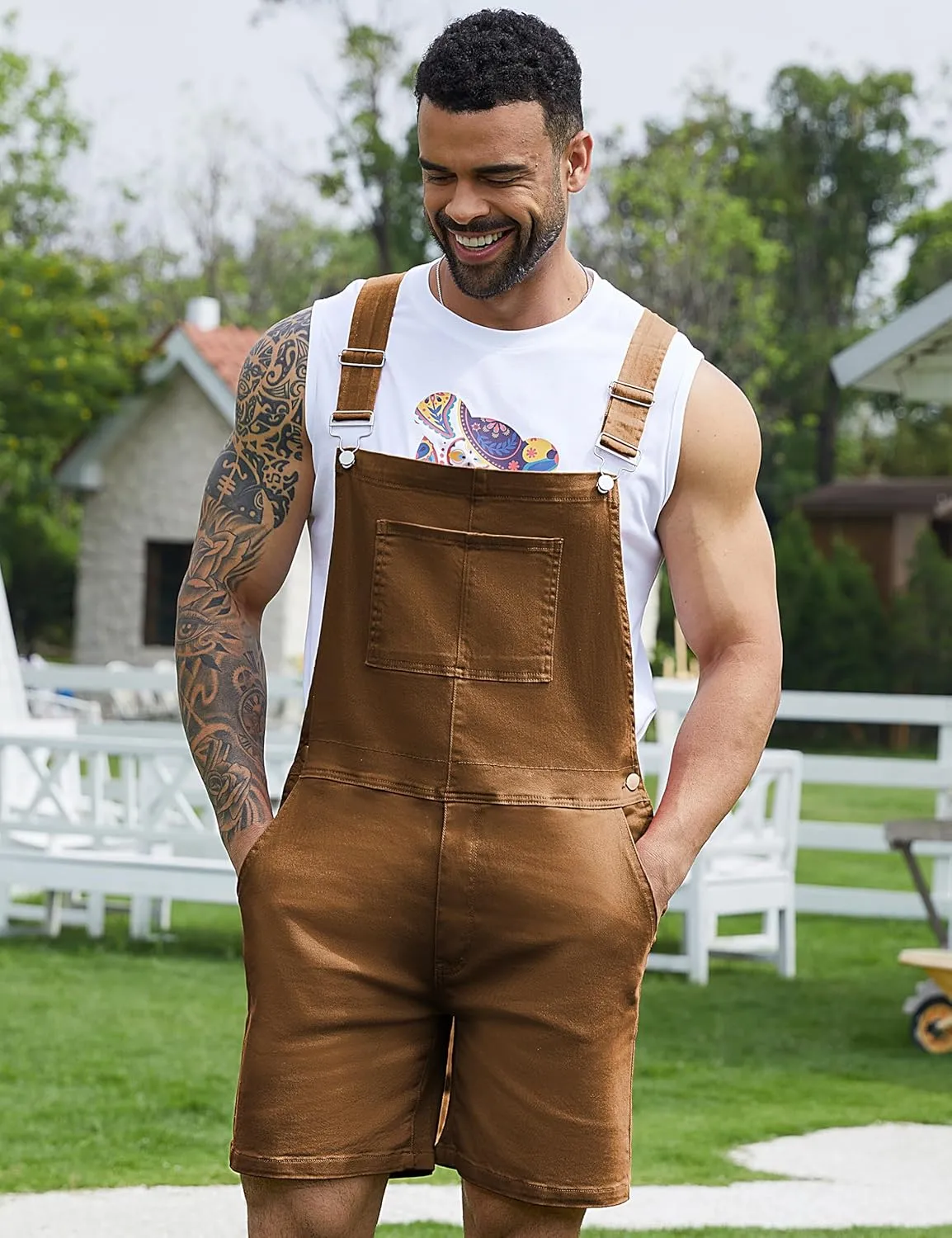 Bindefon Denim Overalls for Men Jean Shorts Jumpsuit Work Bibs Coveralls with Zipper