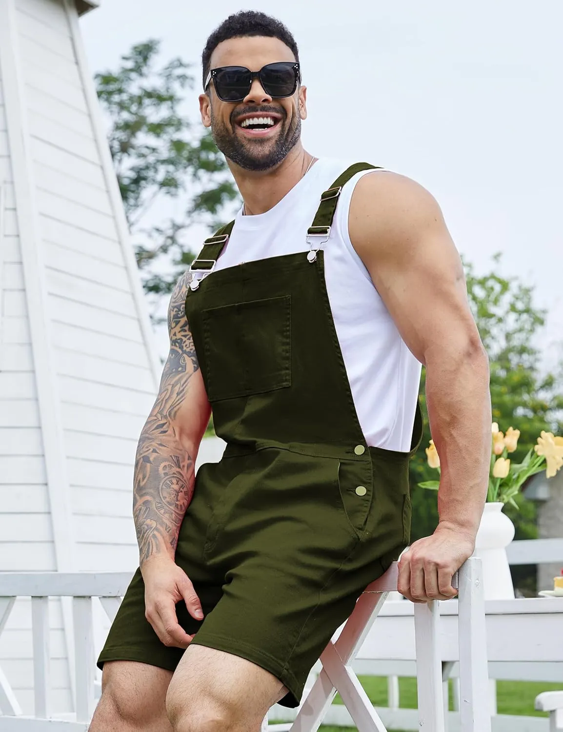 Bindefon Denim Overalls for Men Jean Shorts Jumpsuit Work Bibs Coveralls with Zipper