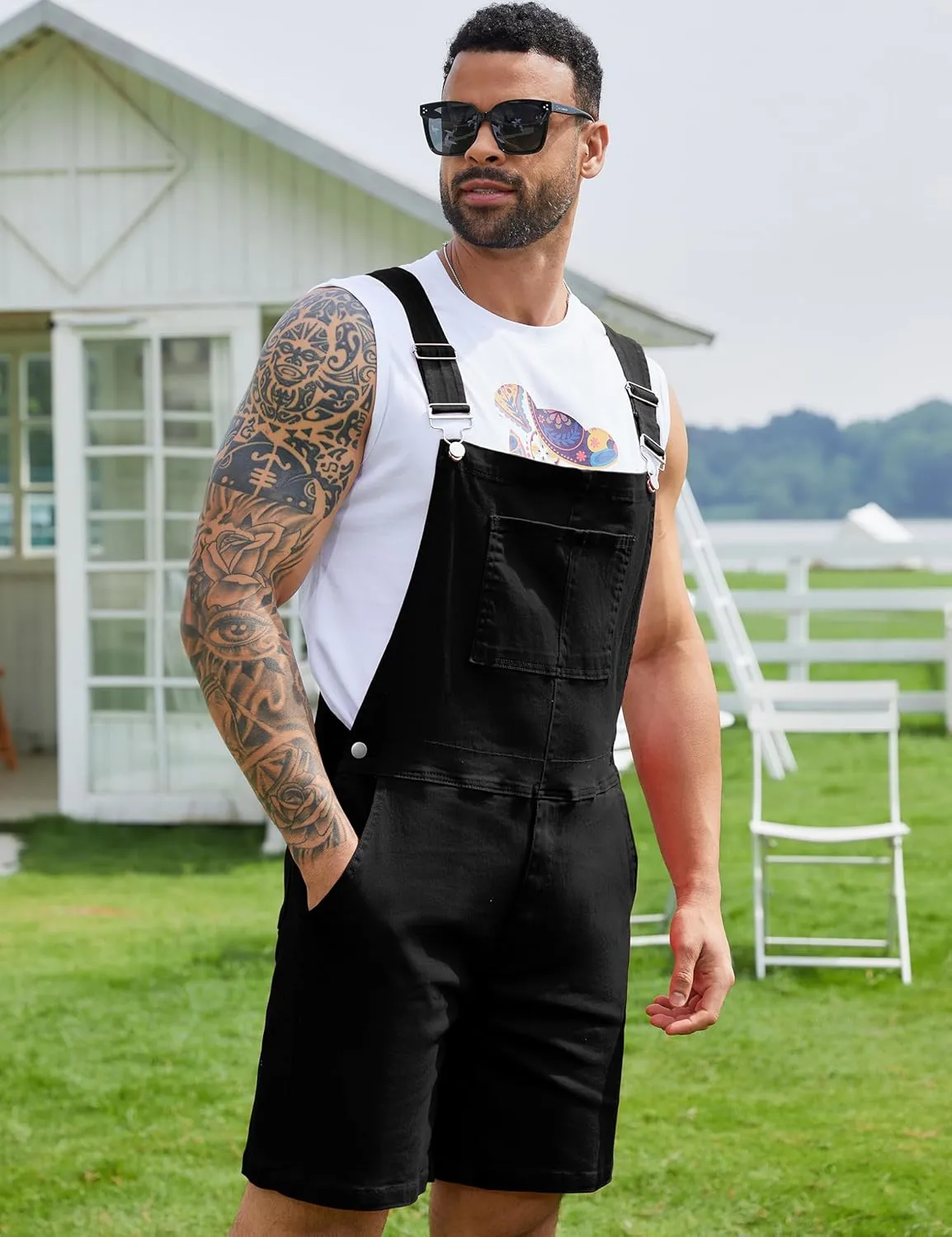 Bindefon Denim Overalls for Men Jean Shorts Jumpsuit Work Bibs Coveralls with Zipper