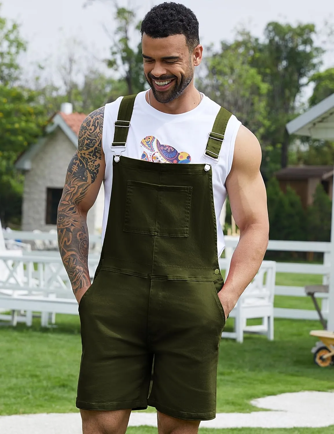 Bindefon Denim Overalls for Men Jean Shorts Jumpsuit Work Bibs Coveralls with Zipper