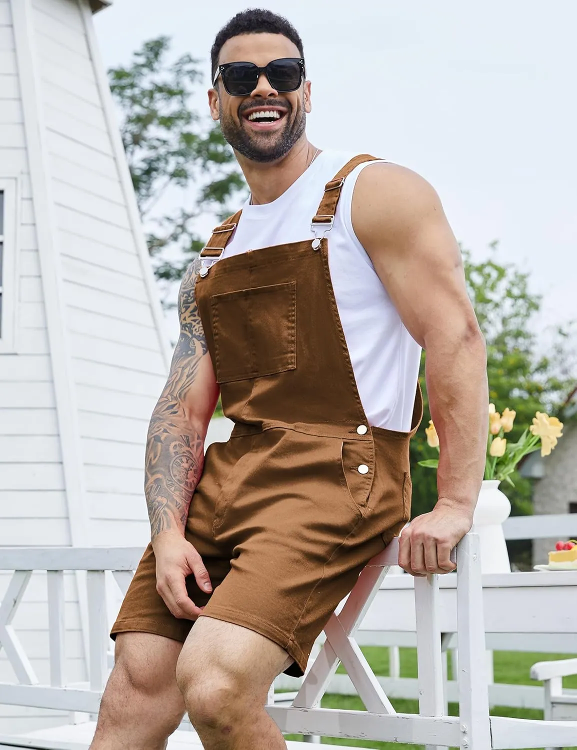 Bindefon Denim Overalls for Men Jean Shorts Jumpsuit Work Bibs Coveralls with Zipper