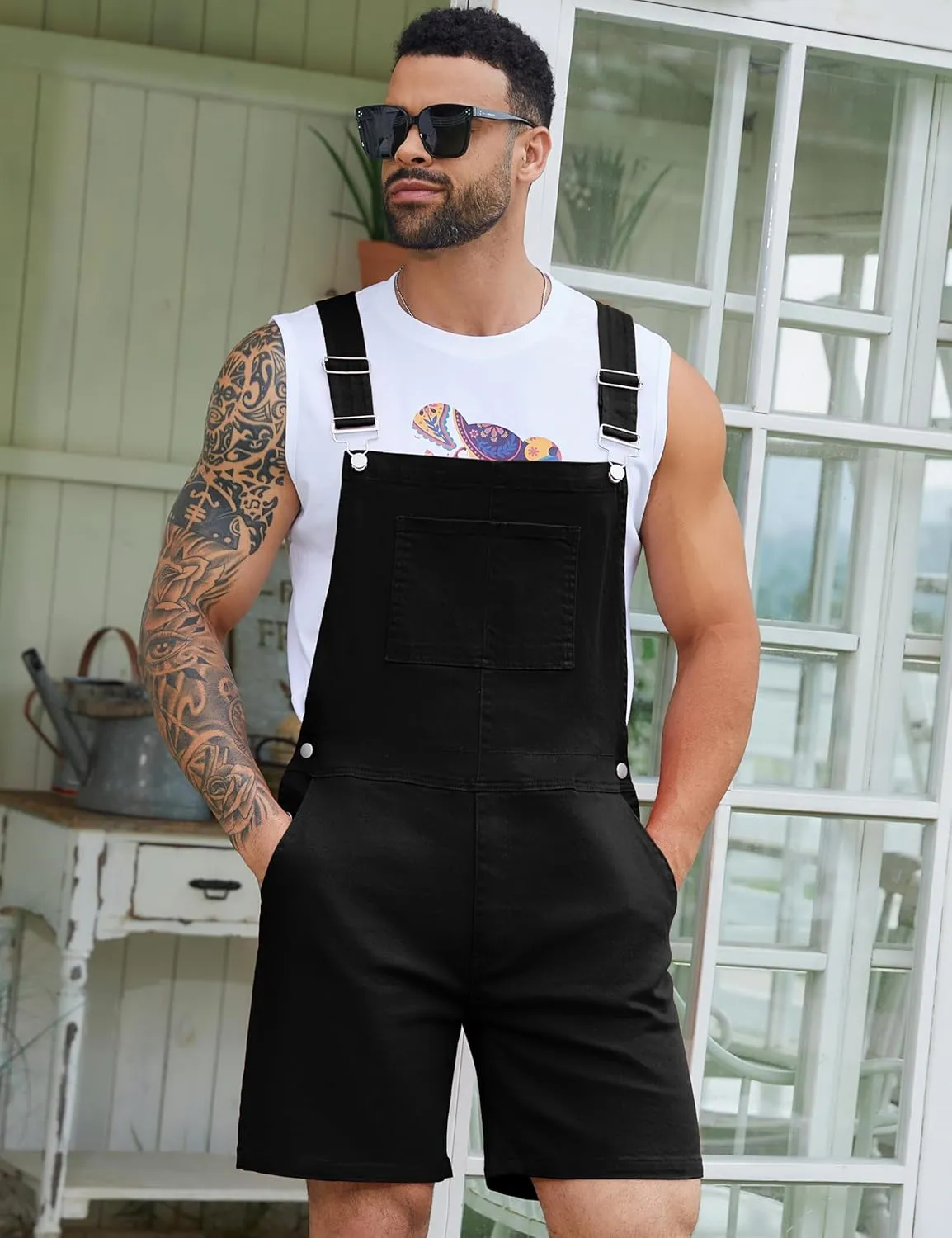 Bindefon Denim Overalls for Men Jean Shorts Jumpsuit Work Bibs Coveralls with Zipper