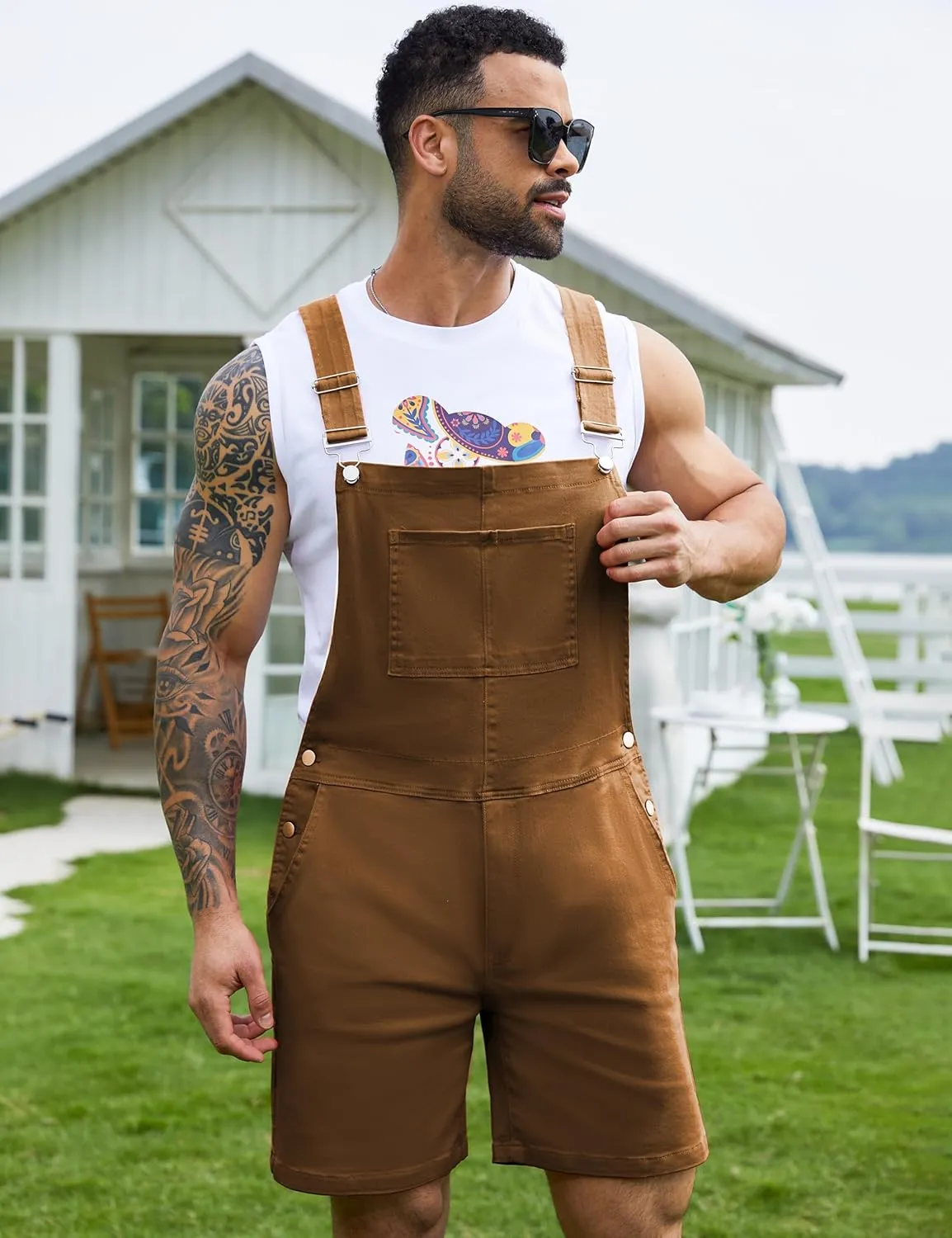 Bindefon Denim Overalls for Men Jean Shorts Jumpsuit Work Bibs Coveralls with Zipper