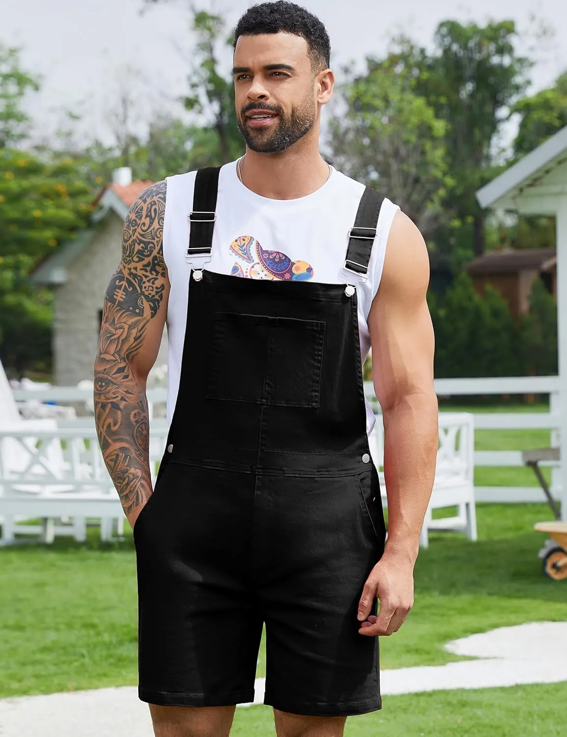 Bindefon Denim Overalls for Men Jean Shorts Jumpsuit Work Bibs Coveralls with Zipper