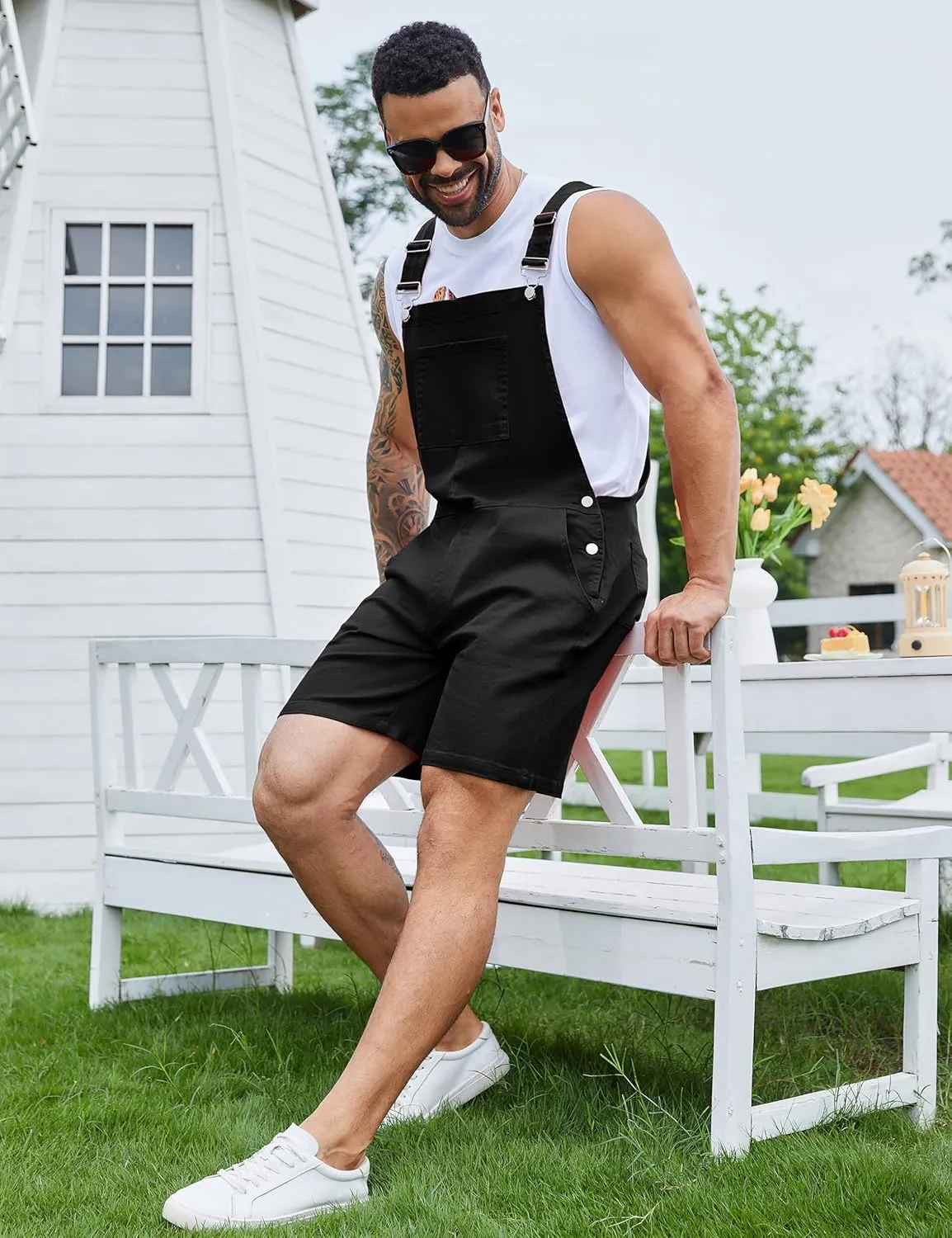 Bindefon Denim Overalls for Men Jean Shorts Jumpsuit Work Bibs Coveralls with Zipper