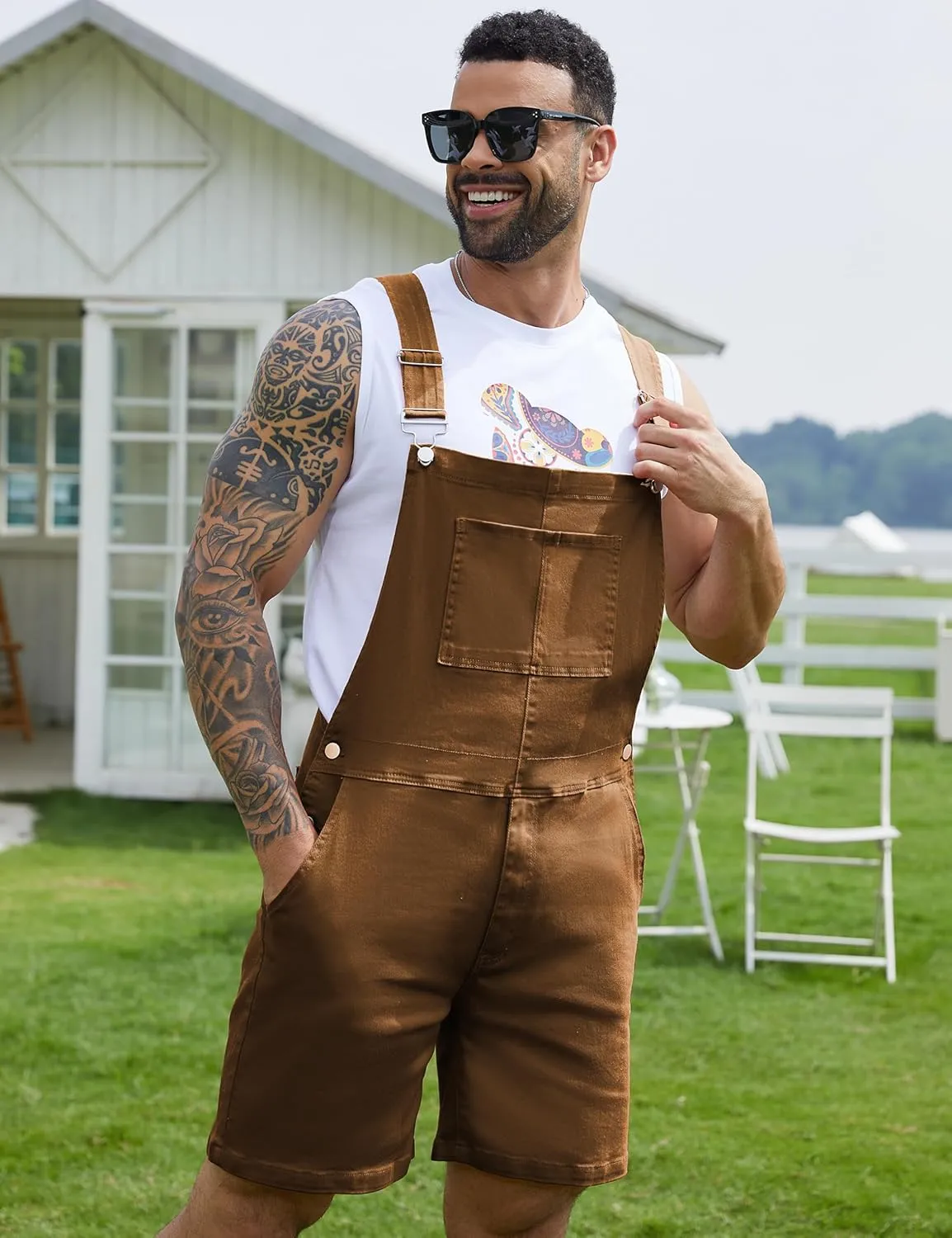 Bindefon Denim Overalls for Men Jean Shorts Jumpsuit Work Bibs Coveralls with Zipper