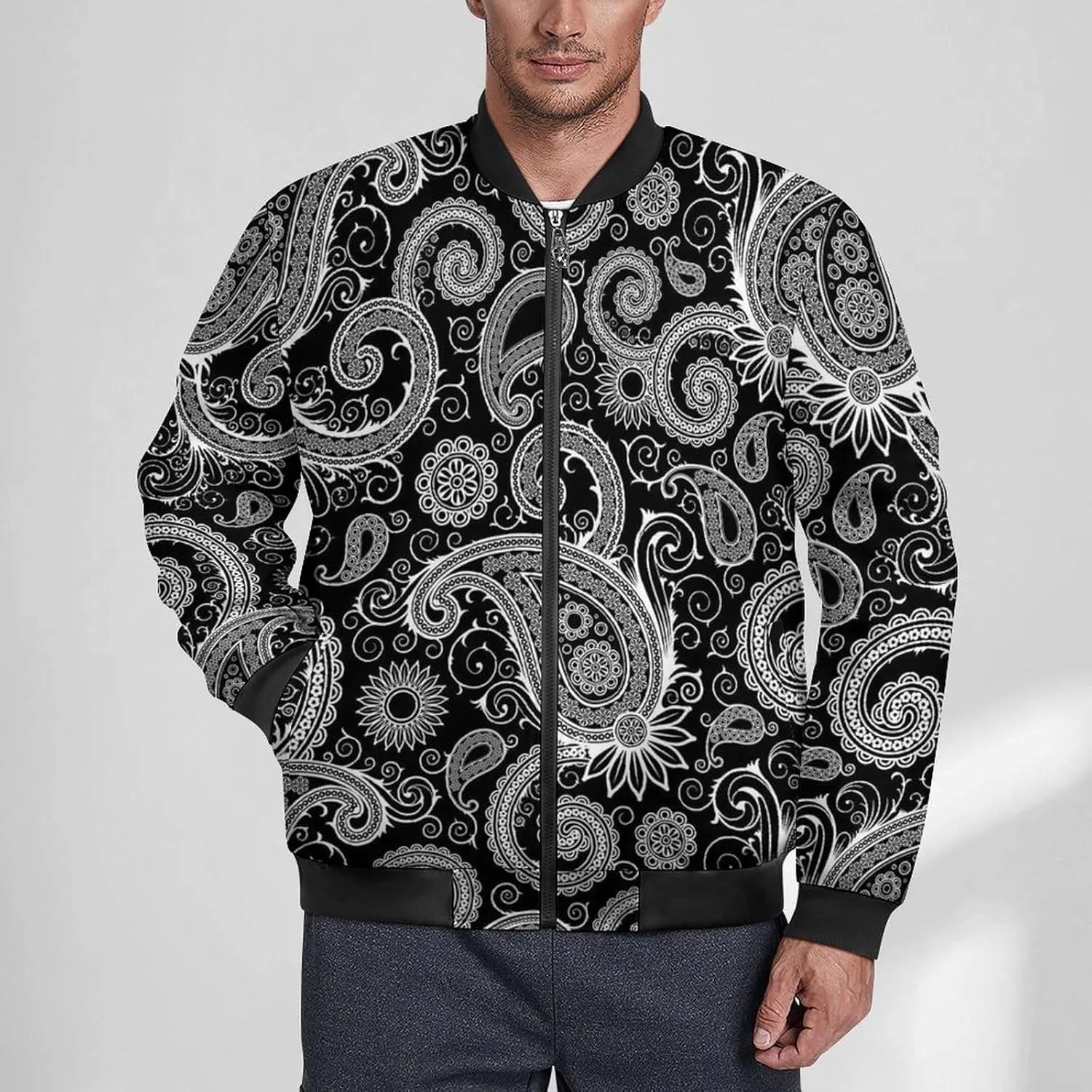 Black and White Paisley Pattern Men's Bomber Jacket Lightweight Windbreaker Fashion Spring Fall Coats Casual Jackets for Men
