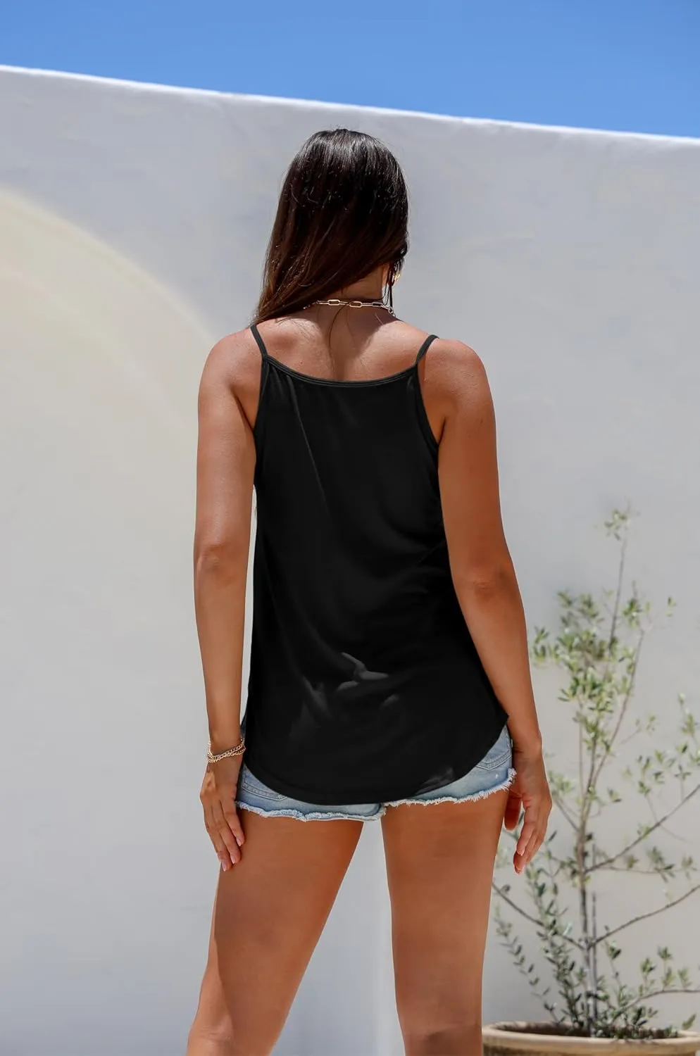 BLENCOT Women Scoop V Neck Flowy Tank Tops Spaghetti Strap Casual Loose Camisole Basic Solid Sleeveless Summer Shirts Shirt