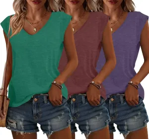 Bliwov 3 Pack Womens Cap Sleeve Tops V Neck T Shirts Spring Summer Casual Plus Size Beach Vacation Fashion Basics Clothes