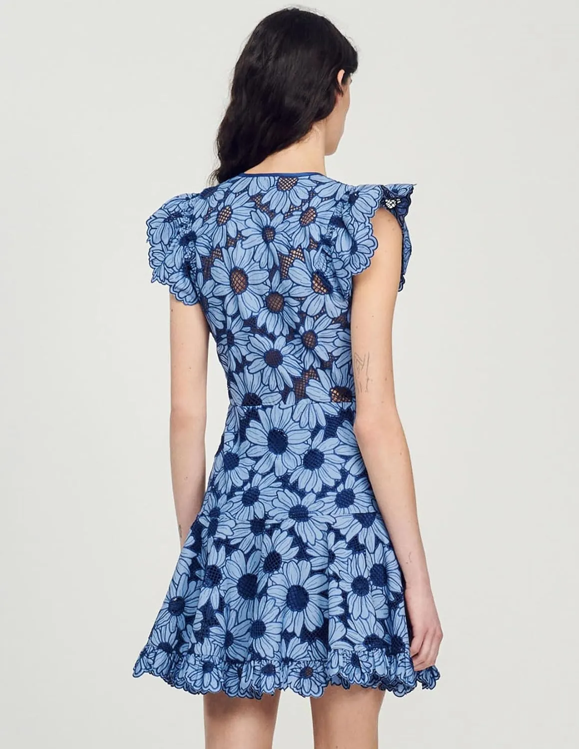 Blue Floral Dress Mini Ruffle Dress Flowy V Neck Dress Flutter Sleeve Wrap Dress