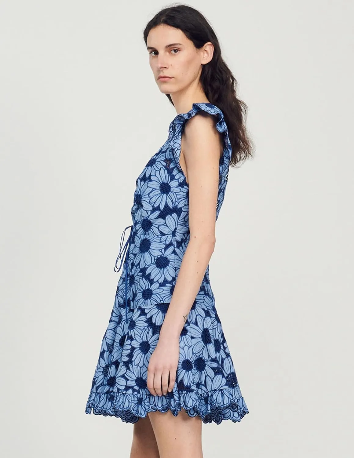 Blue Floral Dress Mini Ruffle Dress Flowy V Neck Dress Flutter Sleeve Wrap Dress