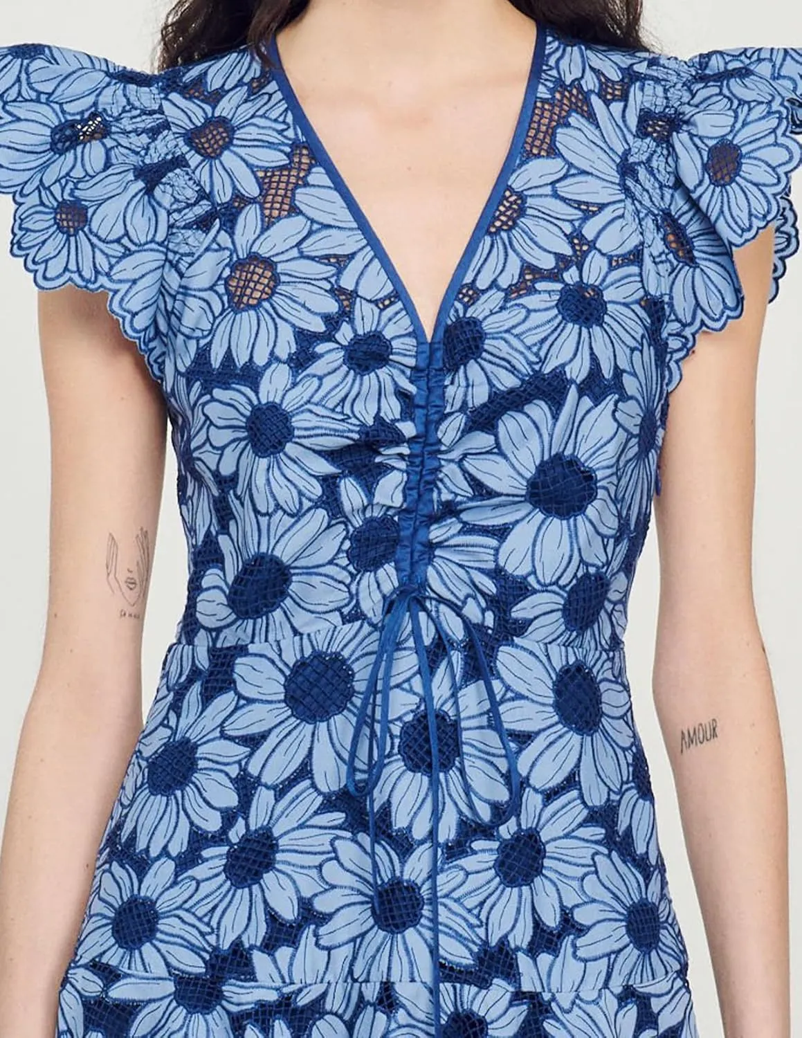 Blue Floral Dress Mini Ruffle Dress Flowy V Neck Dress Flutter Sleeve Wrap Dress