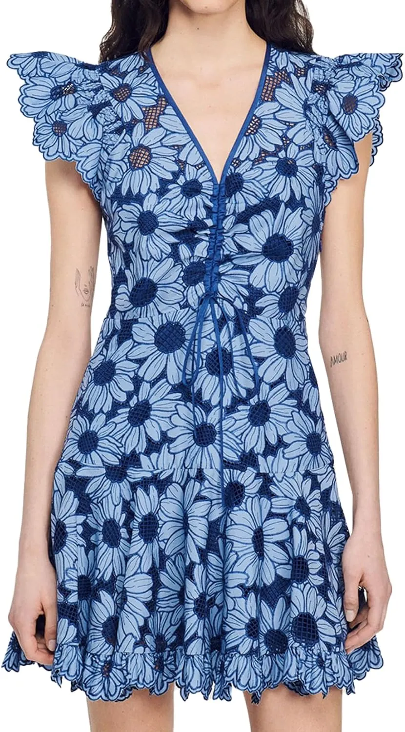 Blue Floral Dress Mini Ruffle Dress Flowy V Neck Dress Flutter Sleeve Wrap Dress