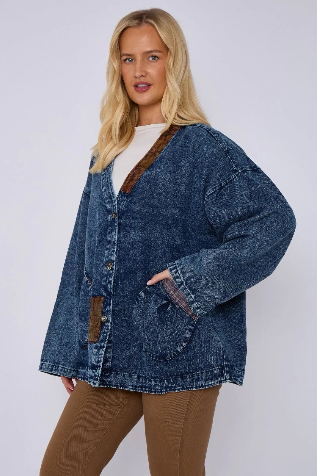 Bluefoundry Collarless Washed mixed media Denim Jacket