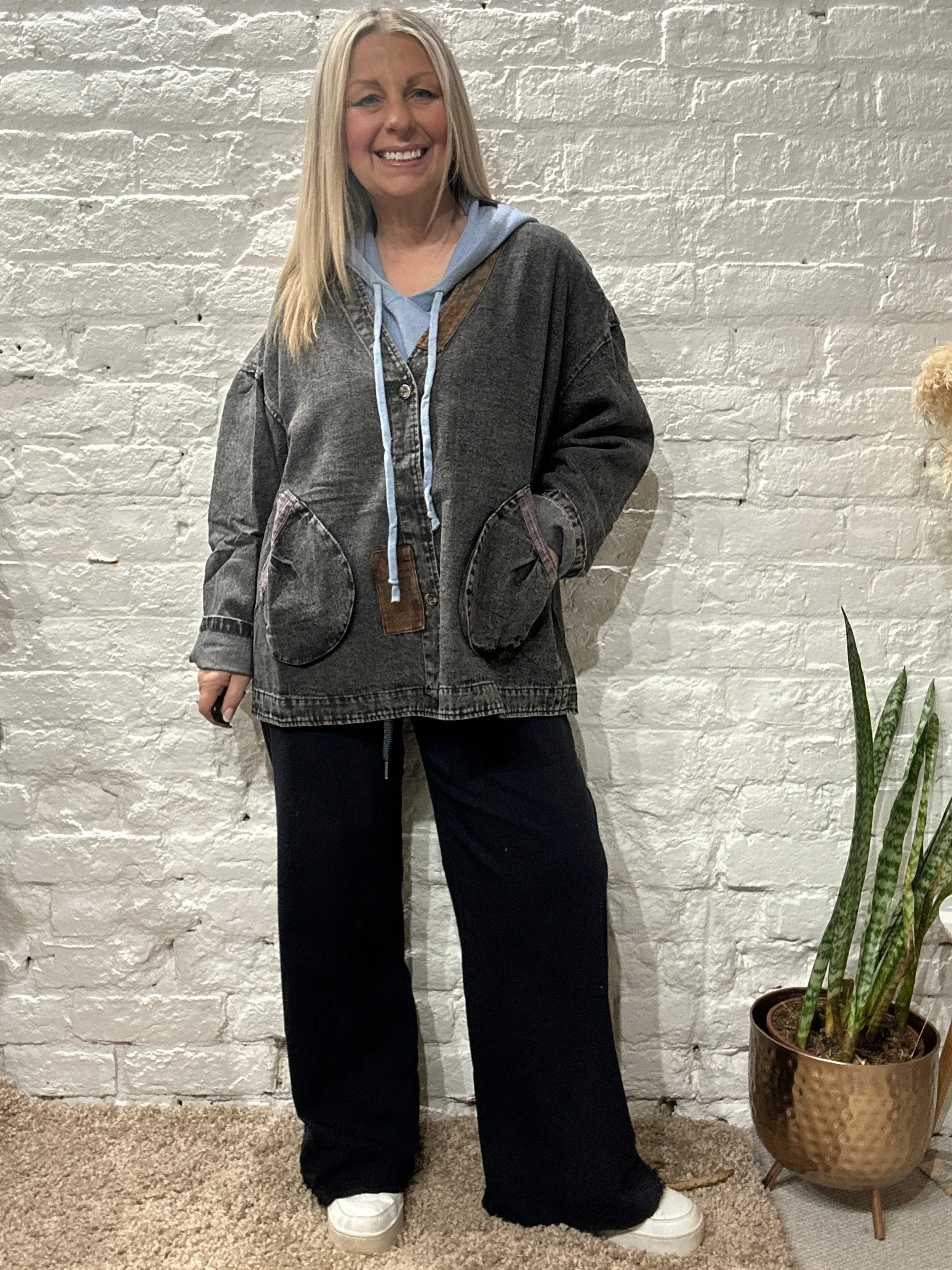 Bluefoundry Collarless Washed mixed media Denim Jacket