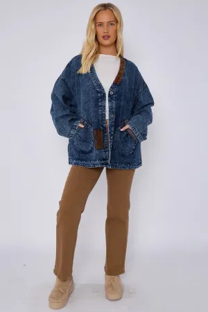 Bluefoundry Collarless Washed mixed media Denim Jacket