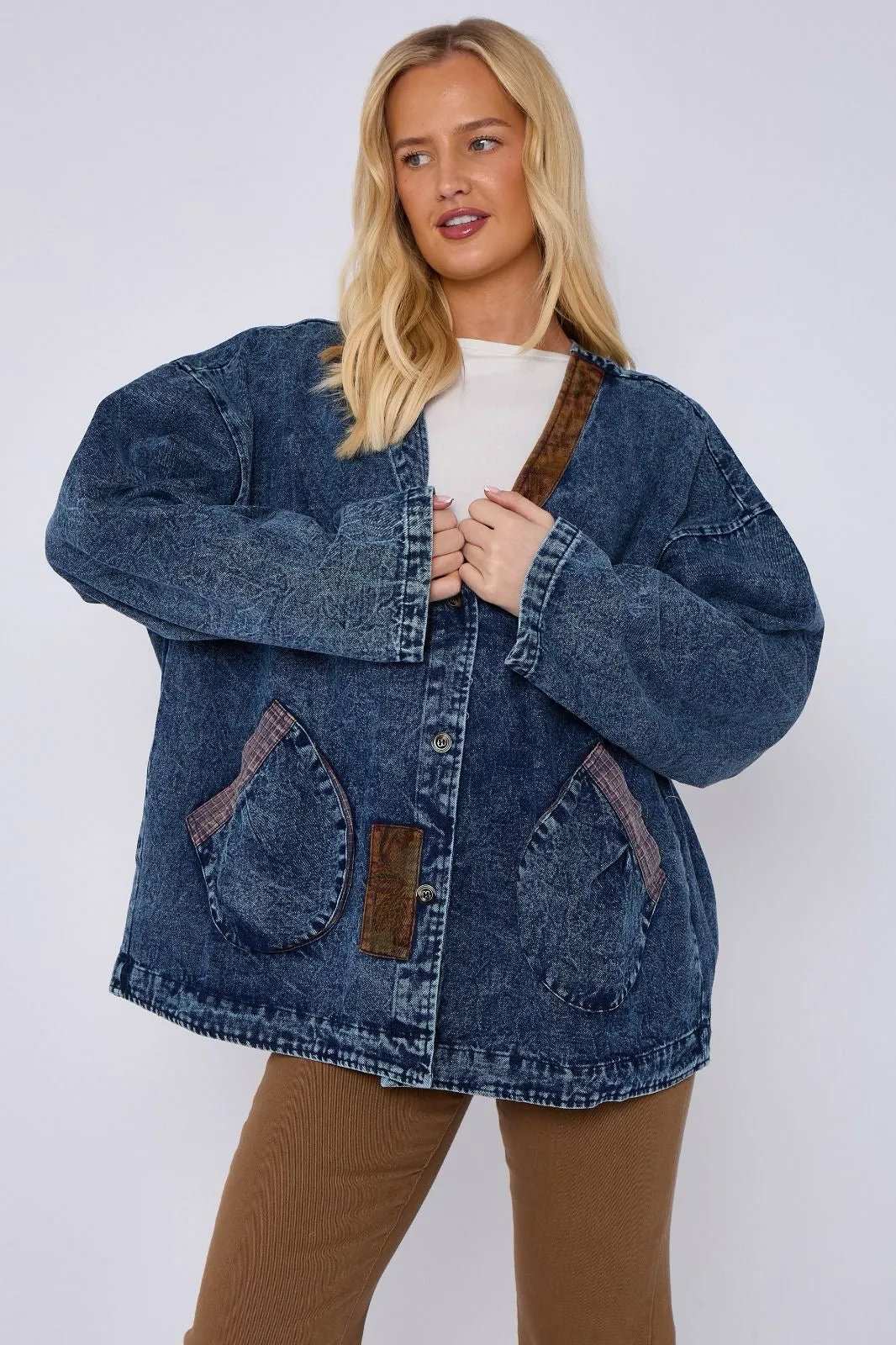 Bluefoundry Collarless Washed mixed media Denim Jacket
