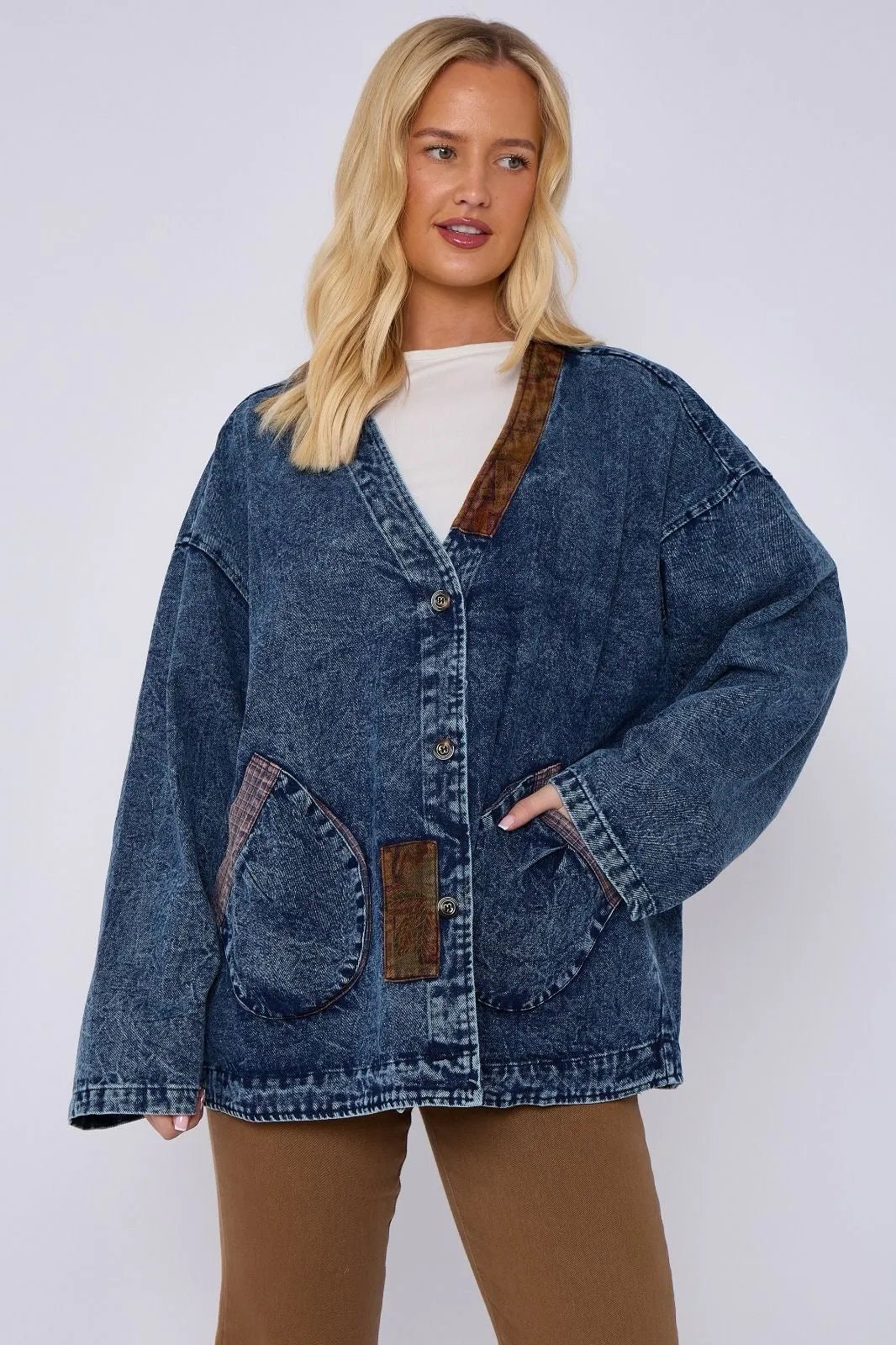 Bluefoundry Collarless Washed mixed media Denim Jacket