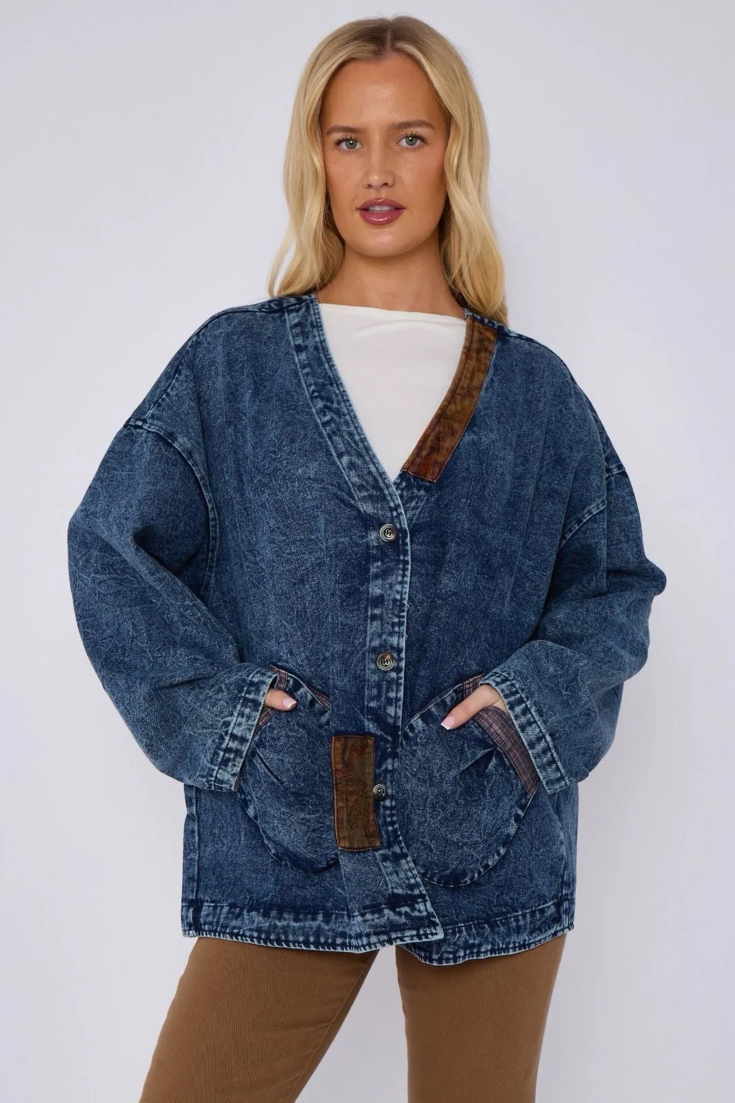 Bluefoundry Collarless Washed mixed media Denim Jacket
