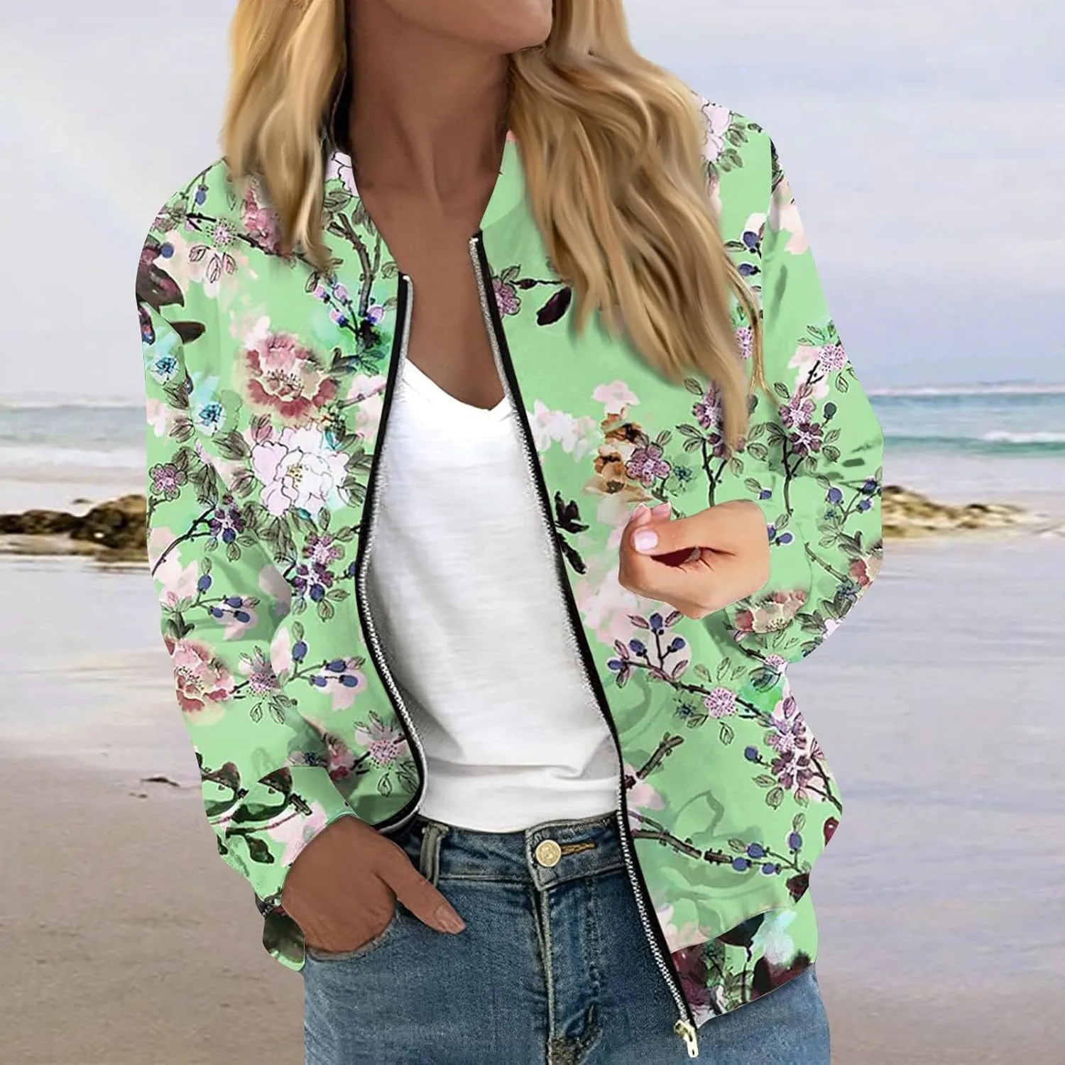 Bomber Jacket Women 2024 Trendy Full Zip Up Coat Long Sleeve Outwear Lightweight Windbreaker Outerwear Fall Jackets