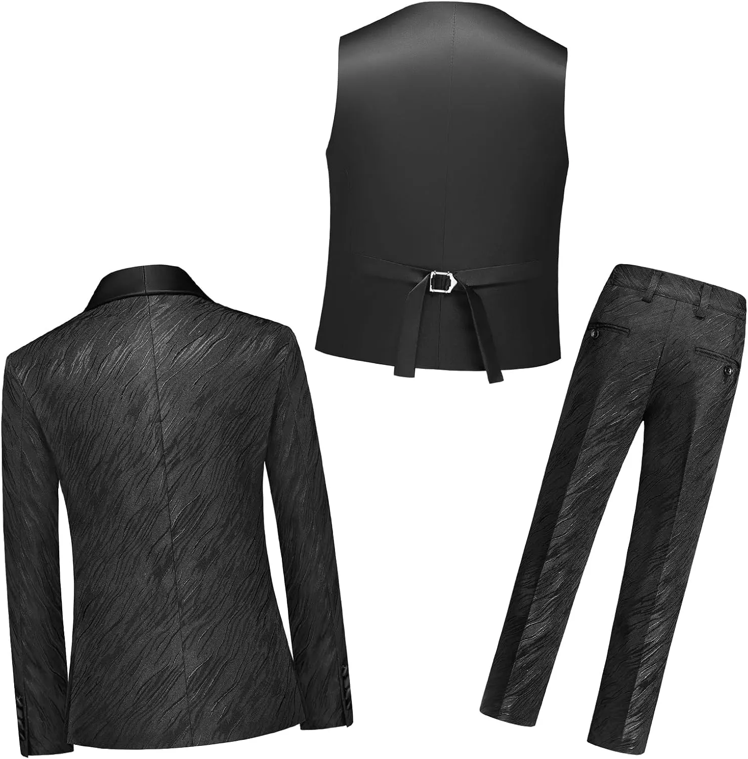 Boys Suit Slim Fit 3 Piece Tuxedo Formal Ripple Pattern Suit Set One Button Blazer Jacket Vest Pants