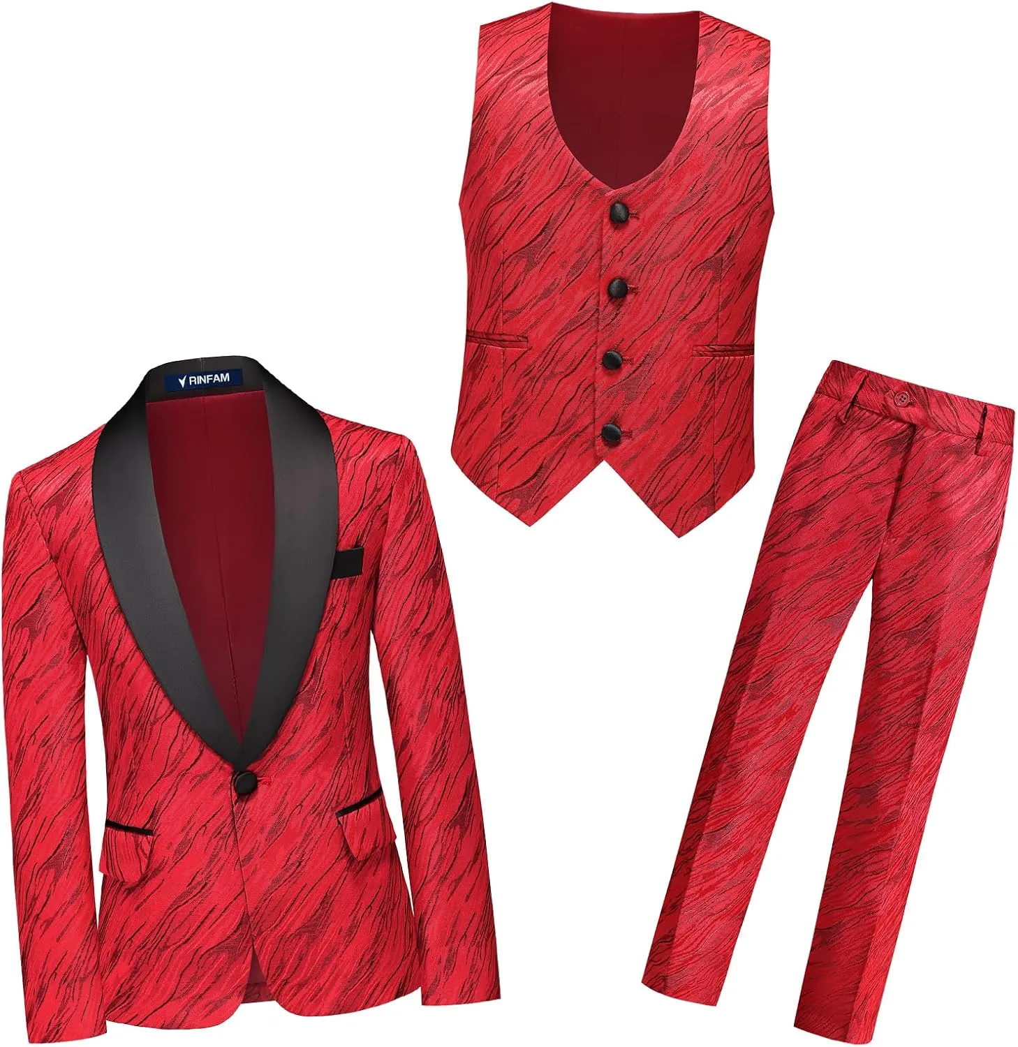 Boys Suit Slim Fit 3 Piece Tuxedo Formal Ripple Pattern Suit Set One Button Blazer Jacket Vest Pants