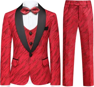 Boys Suit Slim Fit 3 Piece Tuxedo Formal Ripple Pattern Suit Set One Button Blazer Jacket Vest Pants