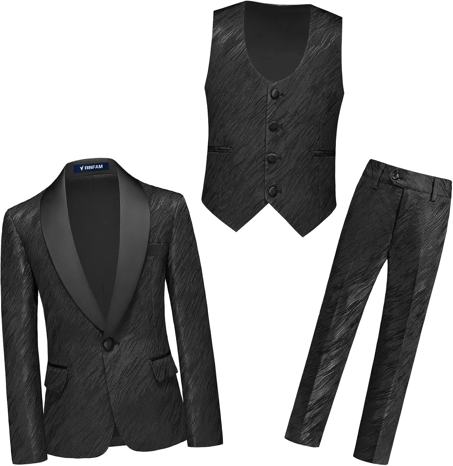 Boys Suit Slim Fit 3 Piece Tuxedo Formal Ripple Pattern Suit Set One Button Blazer Jacket Vest Pants