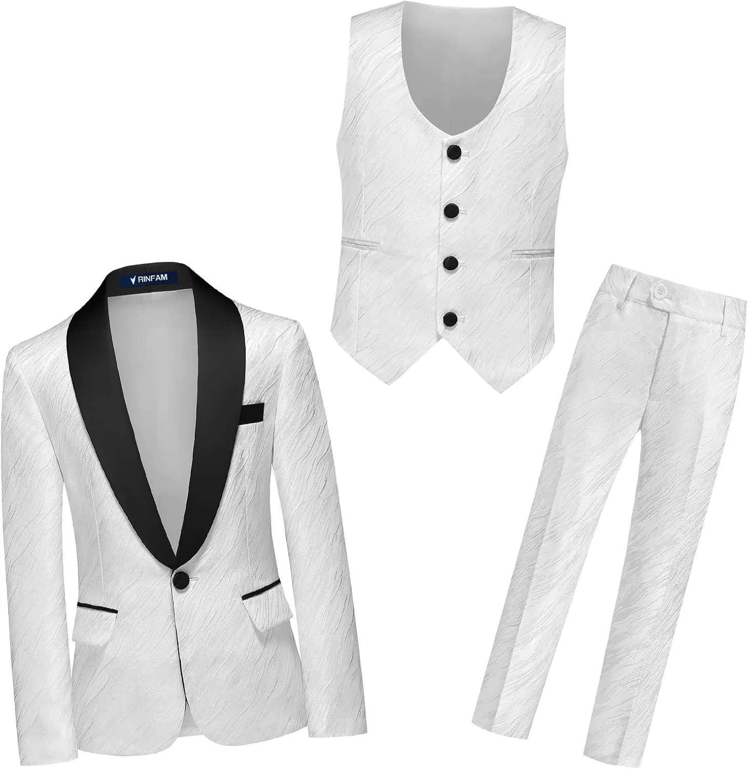 Boys Suit Slim Fit 3 Piece Tuxedo Formal Ripple Pattern Suit Set One Button Blazer Jacket Vest Pants