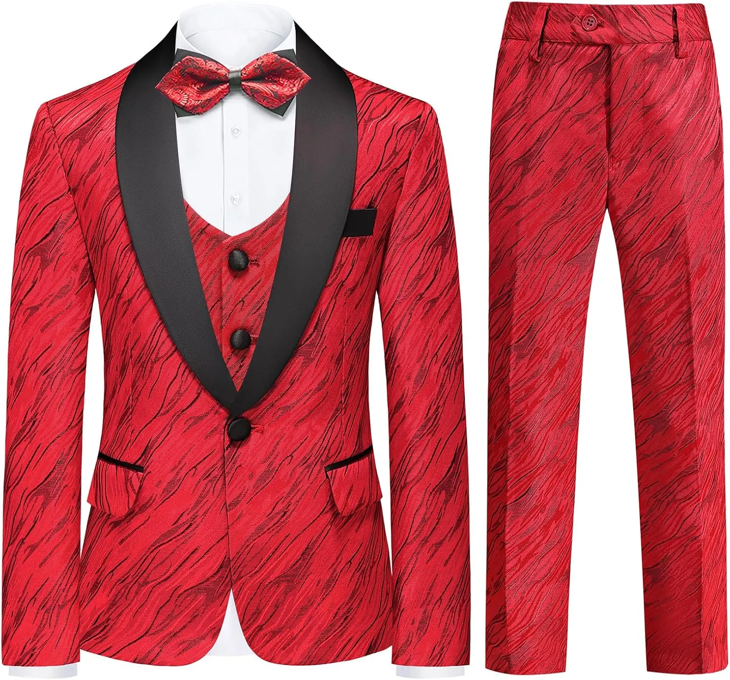 Boys Suit Slim Fit 3 Piece Tuxedo Formal Ripple Pattern Suit Set One Button Blazer Jacket Vest Pants