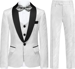 Boys Suit Slim Fit 3 Piece Tuxedo Formal Ripple Pattern Suit Set One Button Blazer Jacket Vest Pants