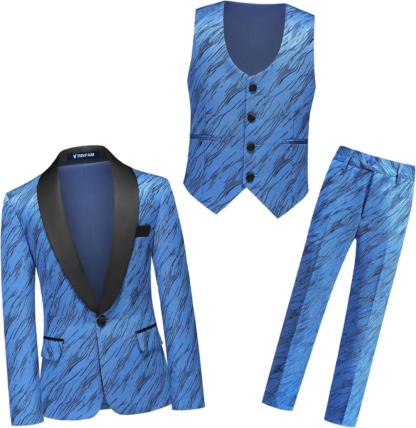 Boys Suit Slim Fit 3 Piece Tuxedo Formal Ripple Pattern Suit Set One Button Blazer Jacket Vest Pants