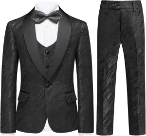 Boys Suit Slim Fit 3 Piece Tuxedo Formal Ripple Pattern Suit Set One Button Blazer Jacket Vest Pants