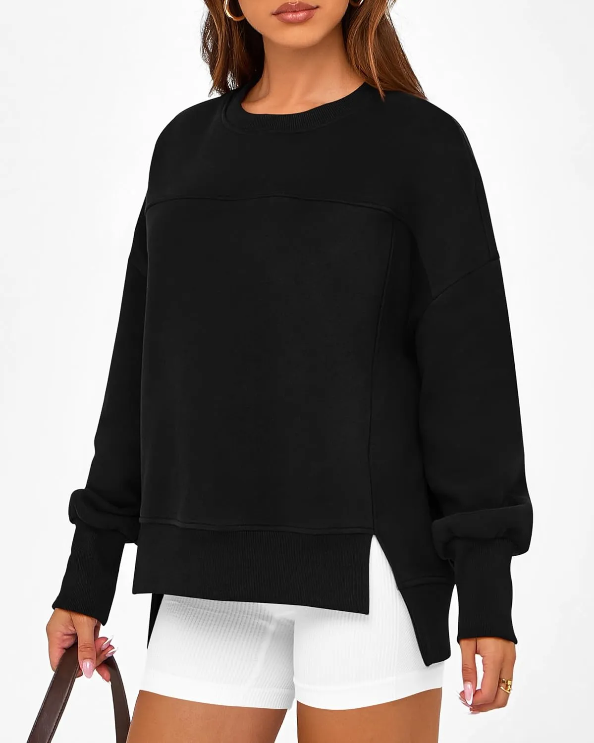 BTFBM Women's Casual Crewneck Sweatshirts 2025 Spring Fall Clothes Long Sleeve Side Slit Workout Fleece Pullover Tops