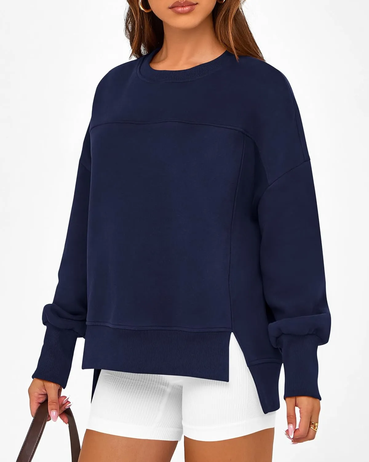BTFBM Women's Casual Crewneck Sweatshirts 2025 Spring Fall Clothes Long Sleeve Side Slit Workout Fleece Pullover Tops