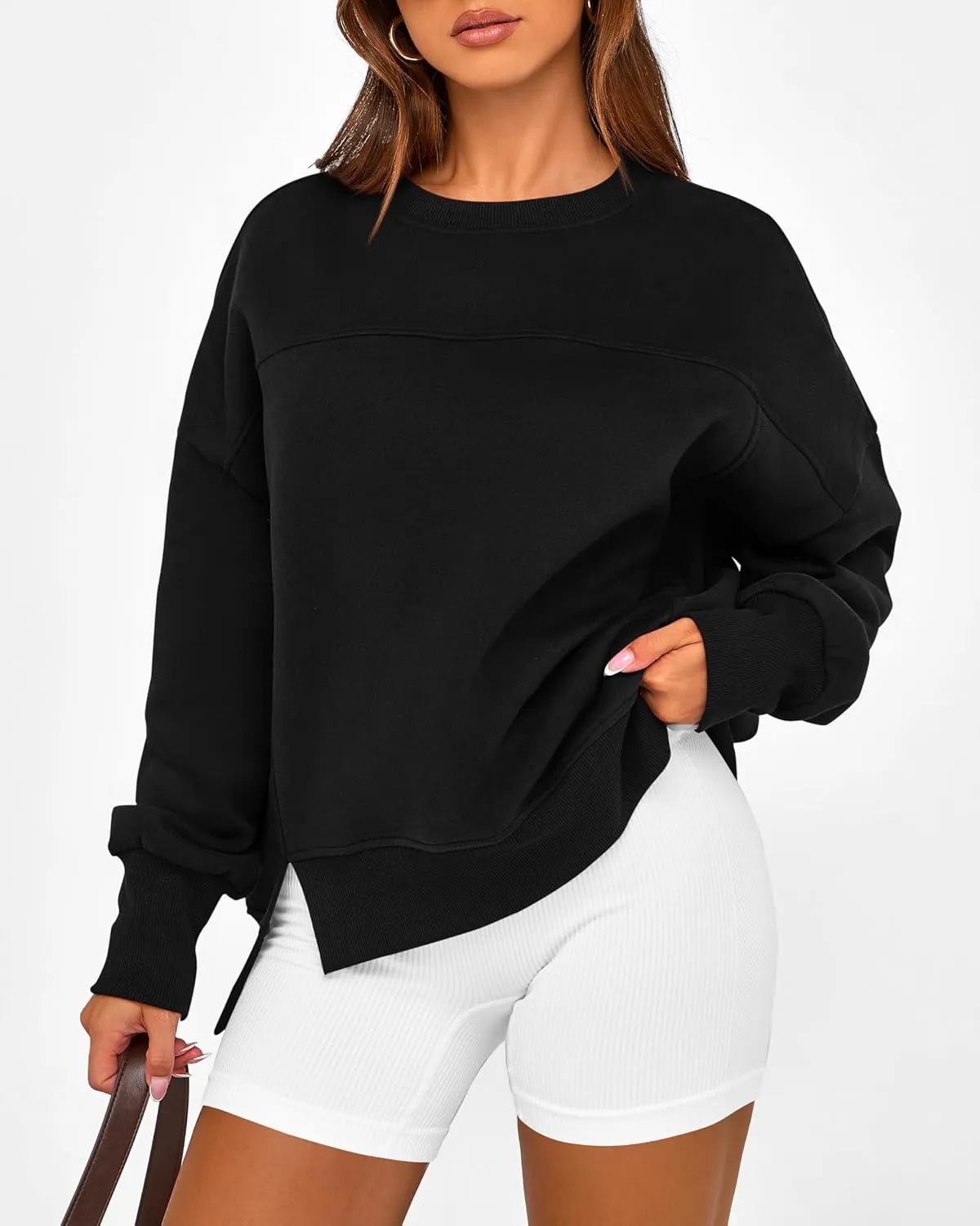 BTFBM Women's Casual Crewneck Sweatshirts 2025 Spring Fall Clothes Long Sleeve Side Slit Workout Fleece Pullover Tops