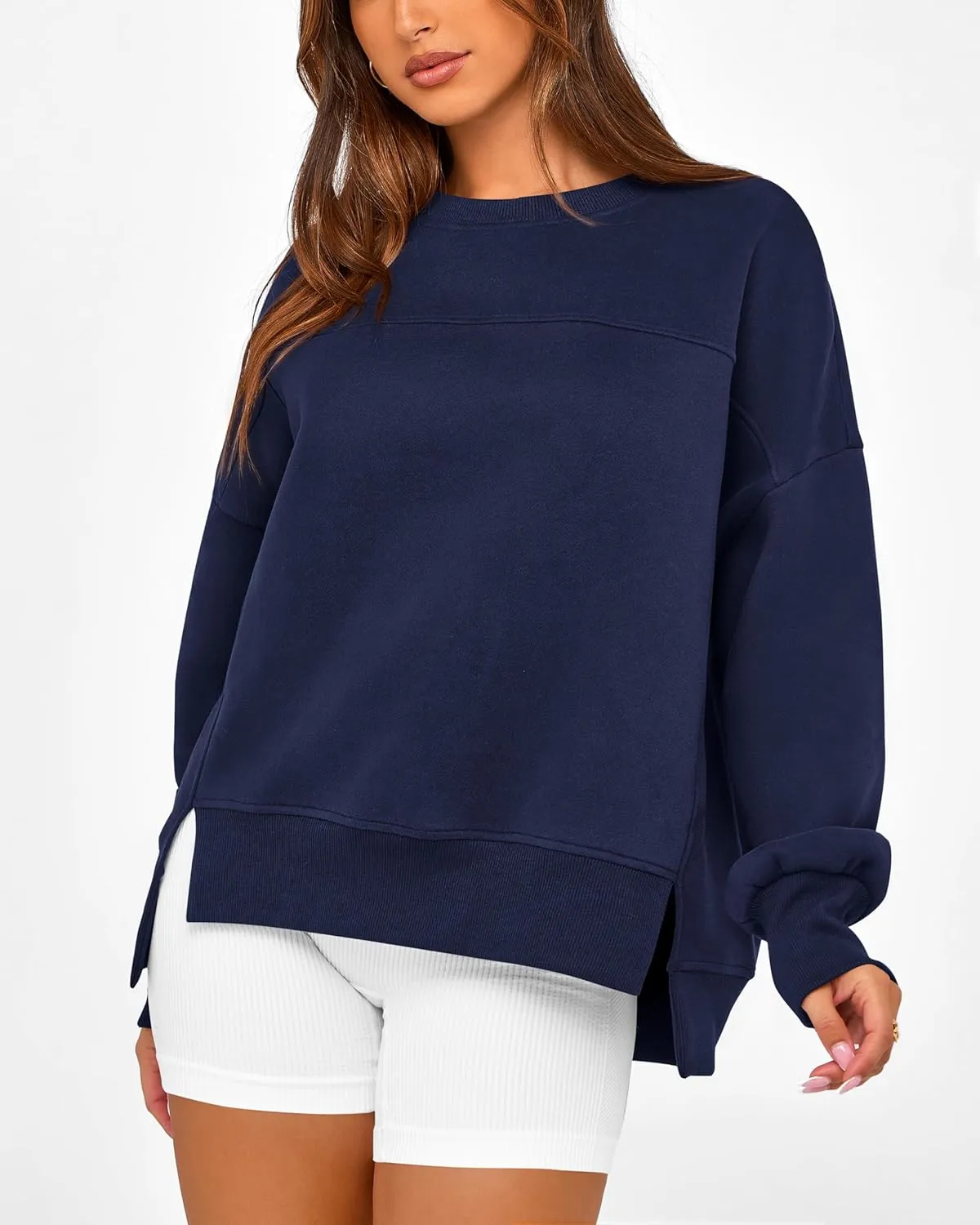 BTFBM Women's Casual Crewneck Sweatshirts 2025 Spring Fall Clothes Long Sleeve Side Slit Workout Fleece Pullover Tops